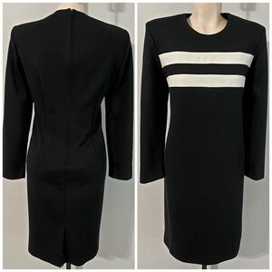 Vintage Leslie Fay Black Sheath Dress White Stripe Shoulder Pad Sz 12